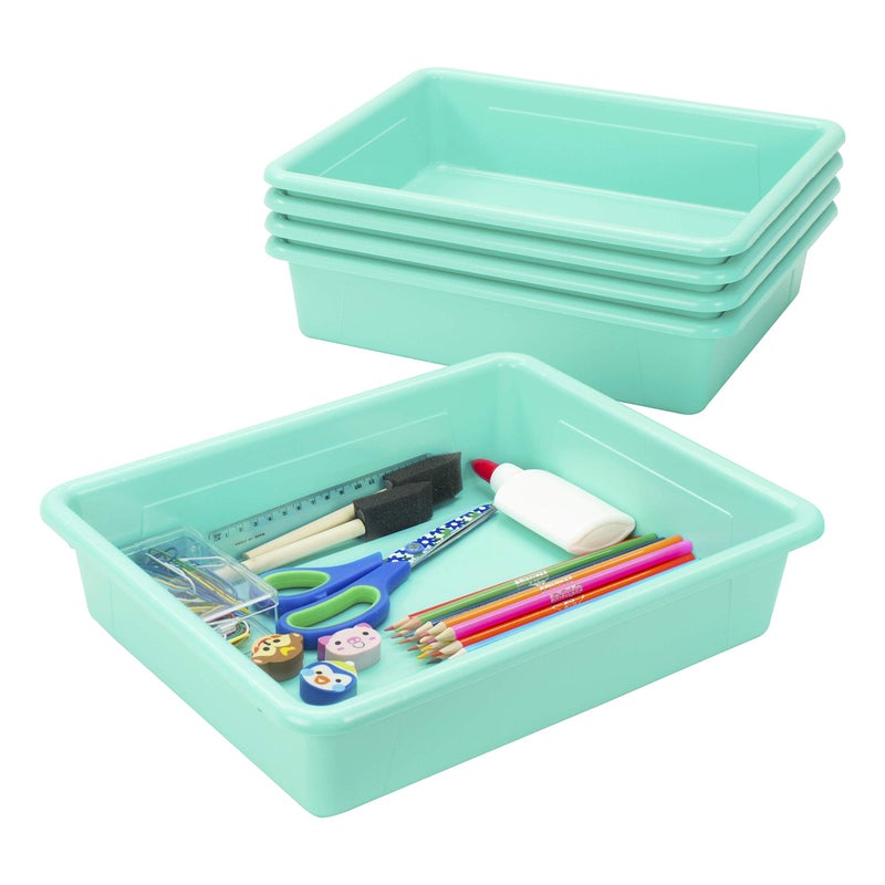 Storex Letter Size Flat Storage Tray - Organizer Bin with Non-Snap Lid for Classroom, Office and Home, Teal, 5-Pack (62541U05C) - Image 4